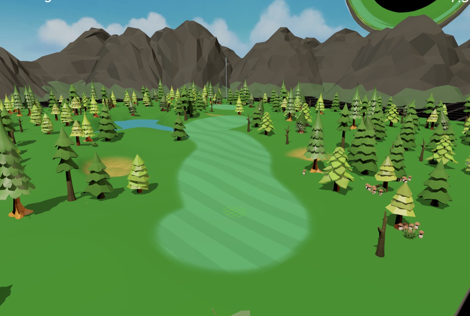 Infinitee gameplay — a low-poly fairway under dark mountains, a black hole looming overhead